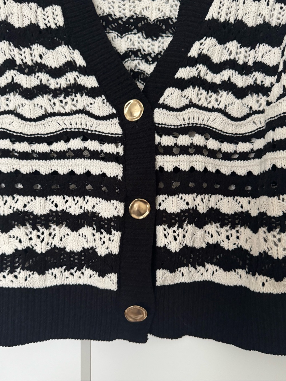 Chinese Laundry Black & White Striped Knit Cardigan with Gold Buttons - Picture 2 of 6
